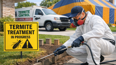 Professional technician applying soil barrier during termite treatment cost service at residential home
