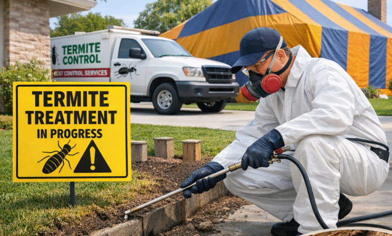 Professional technician applying soil barrier during termite treatment cost service at residential home