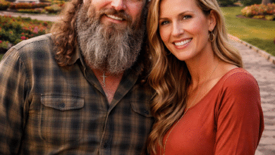 Willie Robertson and Korie Robertson standing in front of willie robertson house in West Monroe Louisiana