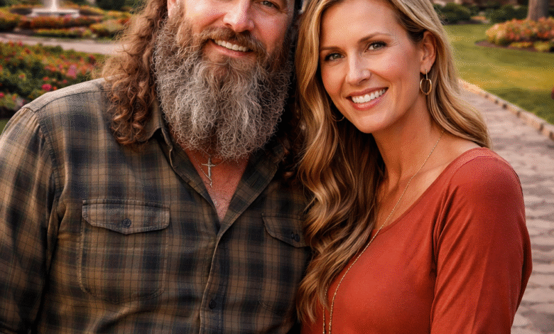 Willie Robertson and Korie Robertson standing in front of willie robertson house in West Monroe Louisiana
