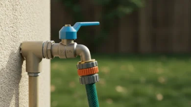 water spigot on outdoor wall supplying water to a garden hose