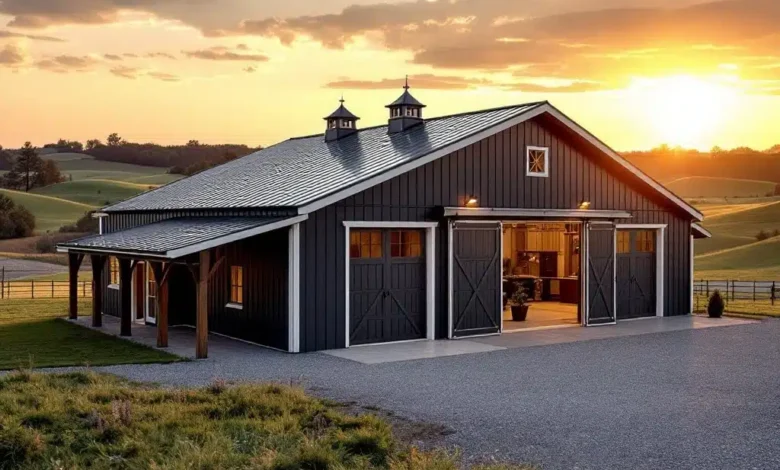 pole barn pole supporting post frame building structure with treated wood posts and metal siding