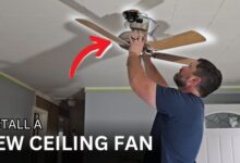 Ceiling fan installation step by step with wiring, mounting bracket, and fan blades assembly