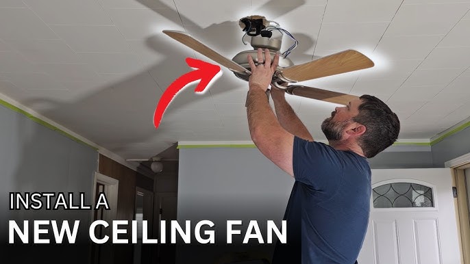 Ceiling fan installation step by step with wiring, mounting bracket, and fan blades assembly