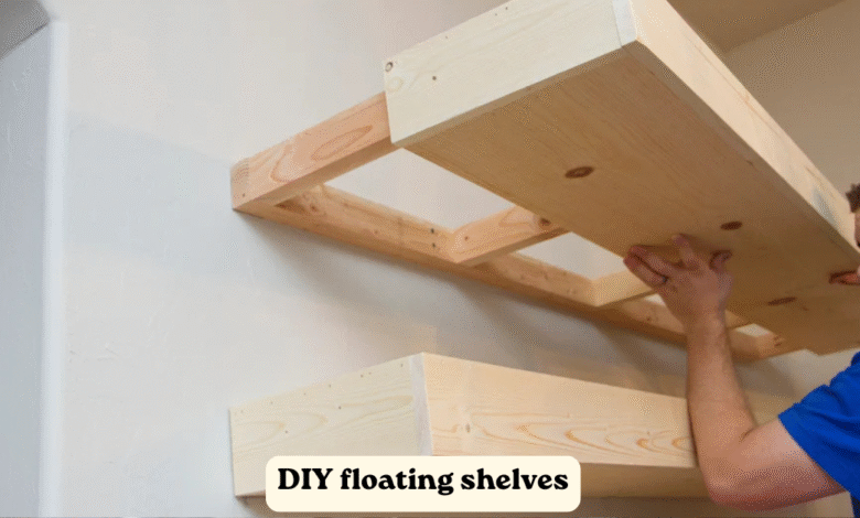 DIY floating shelves installed on a living room wall with wood finish