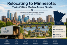 Relocating to Minnesota guide featuring the Twin Cities metro areas, Minneapolis skyline, suburban homes, and an Affinity Moving truck.