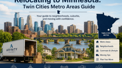 Relocating to Minnesota guide featuring the Twin Cities metro areas, Minneapolis skyline, suburban homes, and an Affinity Moving truck.