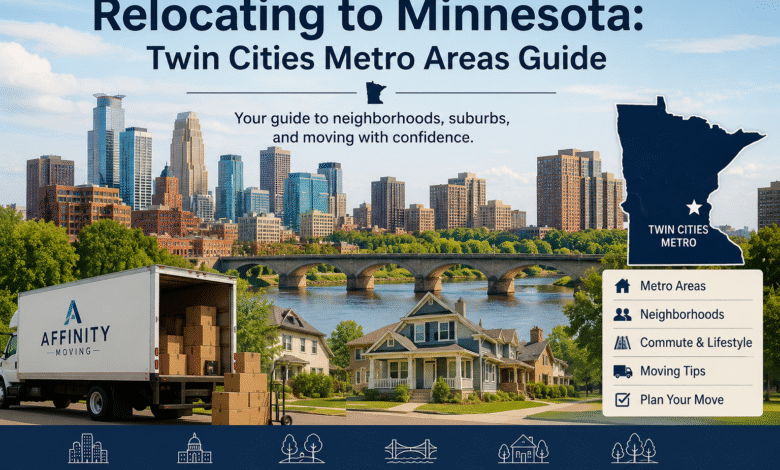 Relocating to Minnesota guide featuring the Twin Cities metro areas, Minneapolis skyline, suburban homes, and an Affinity Moving truck.